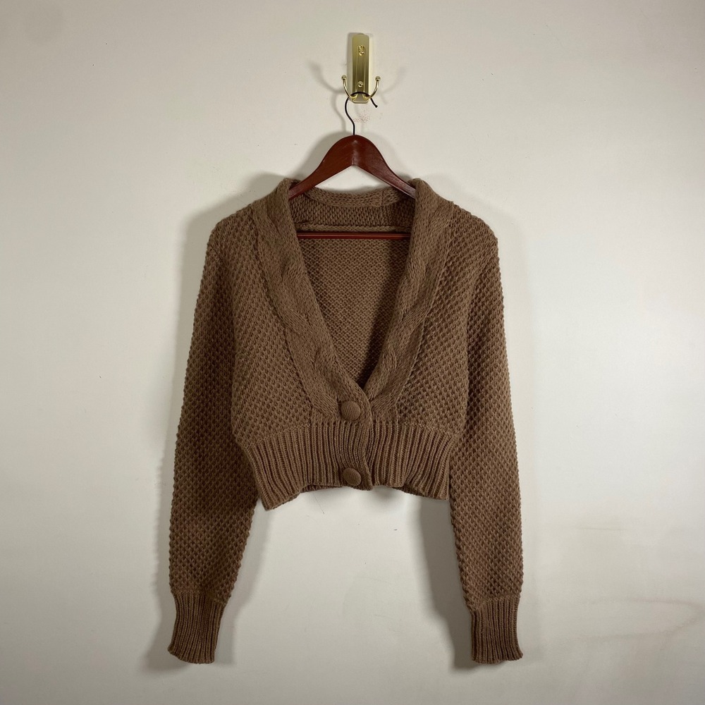 Brown Waffle Knit Cropped Cardigan Womens Large Cable Knit Button Up Cozy Winter